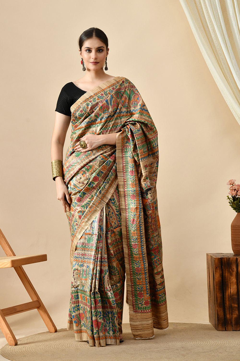 Elegant Handwoven eco-friendly pure tussar silk saree of 6.5 mtr length. Dry clean recommended to maintain quality. Ideal for online shopping.