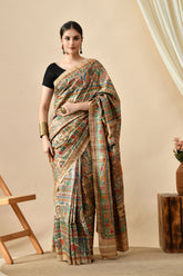 Elegant Handwoven eco-friendly pure tussar silk saree of 6.5 mtr length. Dry clean recommended to maintain quality. Ideal for online shopping.