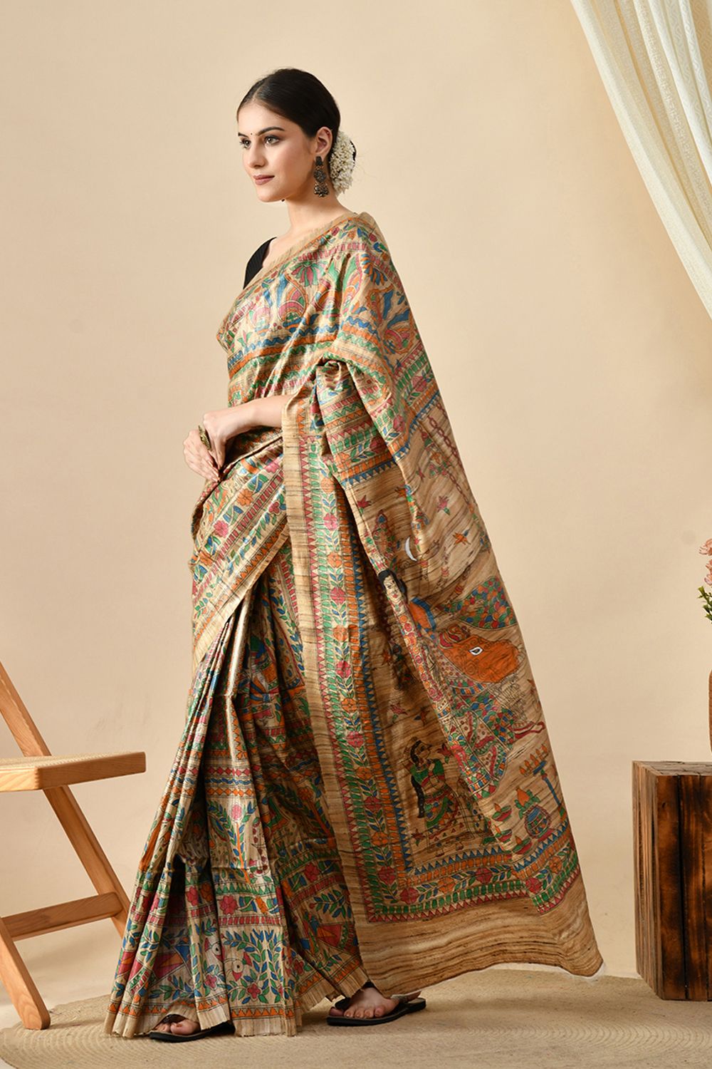 Elegant Handwoven eco-friendly pure tussar silk saree of 6.5 mtr length. Dry clean recommended to maintain quality. Ideal for online shopping.