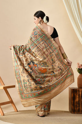 Elegant Handwoven eco-friendly pure tussar silk saree of 6.5 mtr length. Dry clean recommended to maintain quality. Ideal for online shopping.