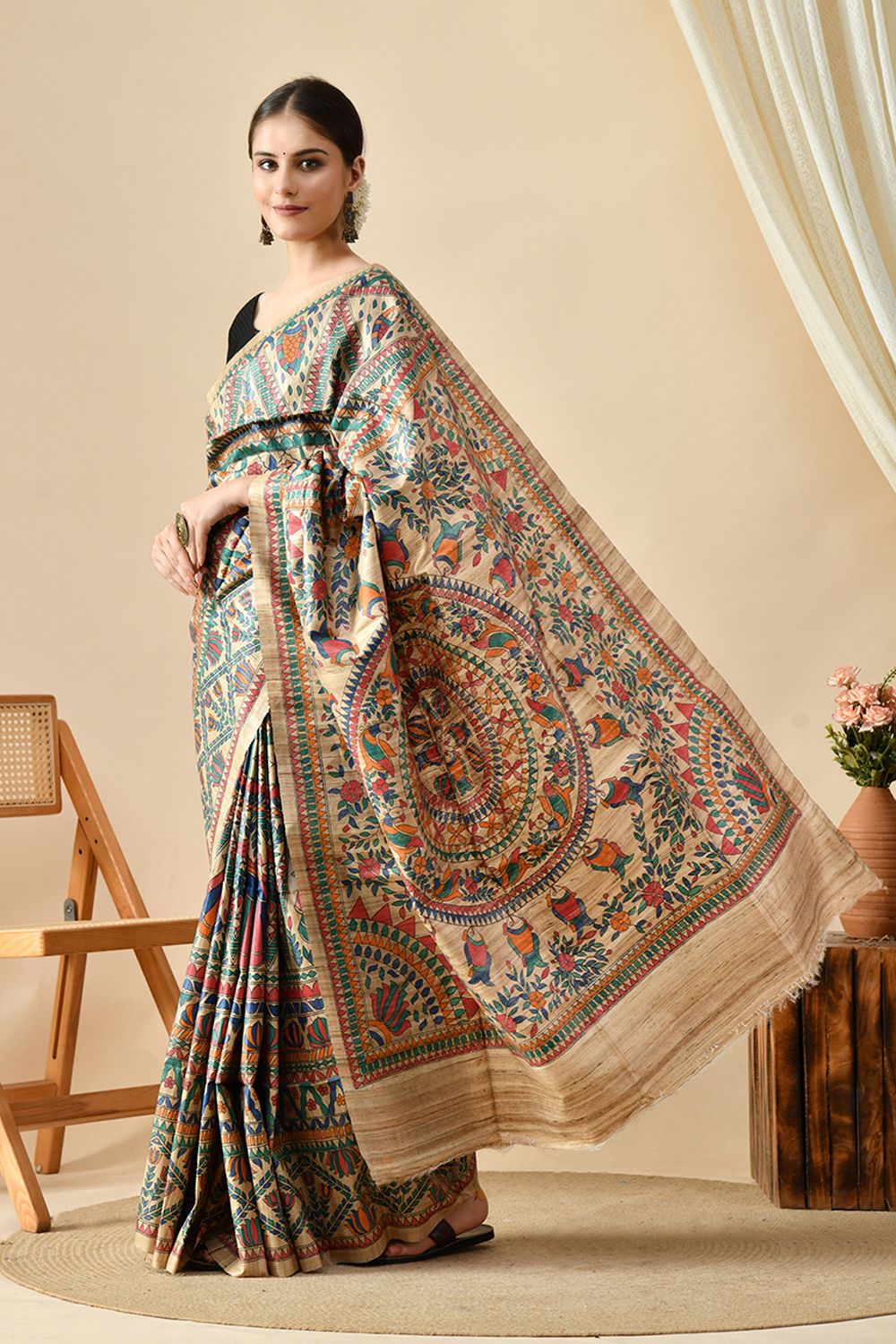 Handwoven eco-friendly pure tussar silk saree of length 6.5 mtr. Perfect for online shopping and uses natural dye. Dry clean recommended.