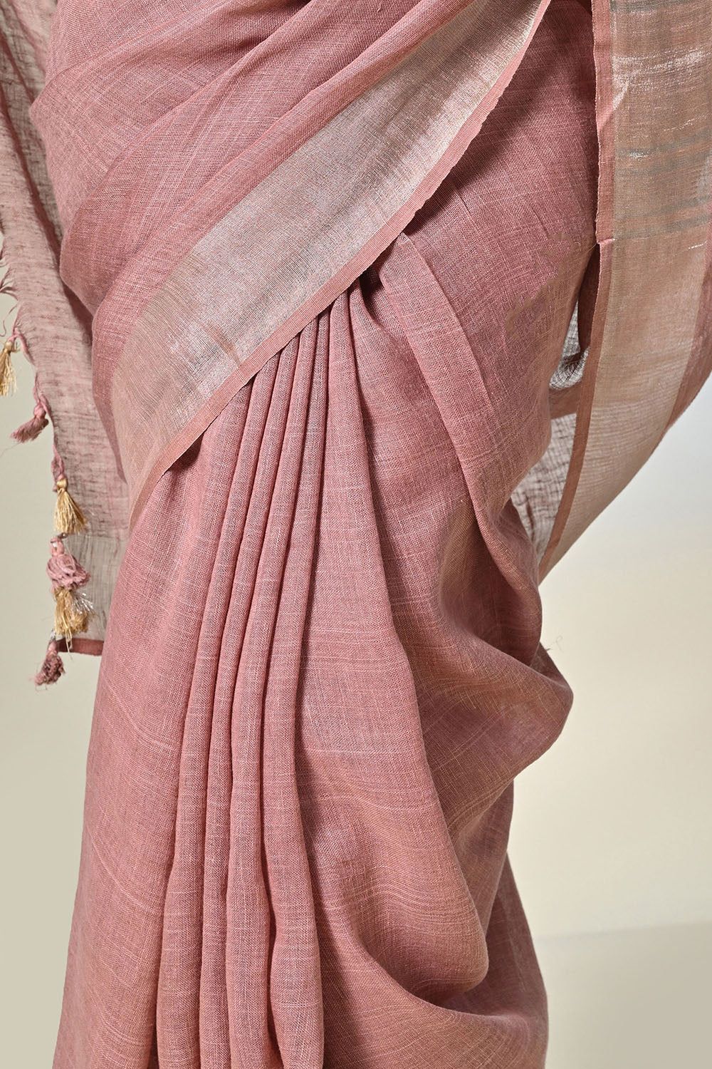 Elegant pink colour pure linen saree, dyed organically with Manjistha, a traditional Indian attire