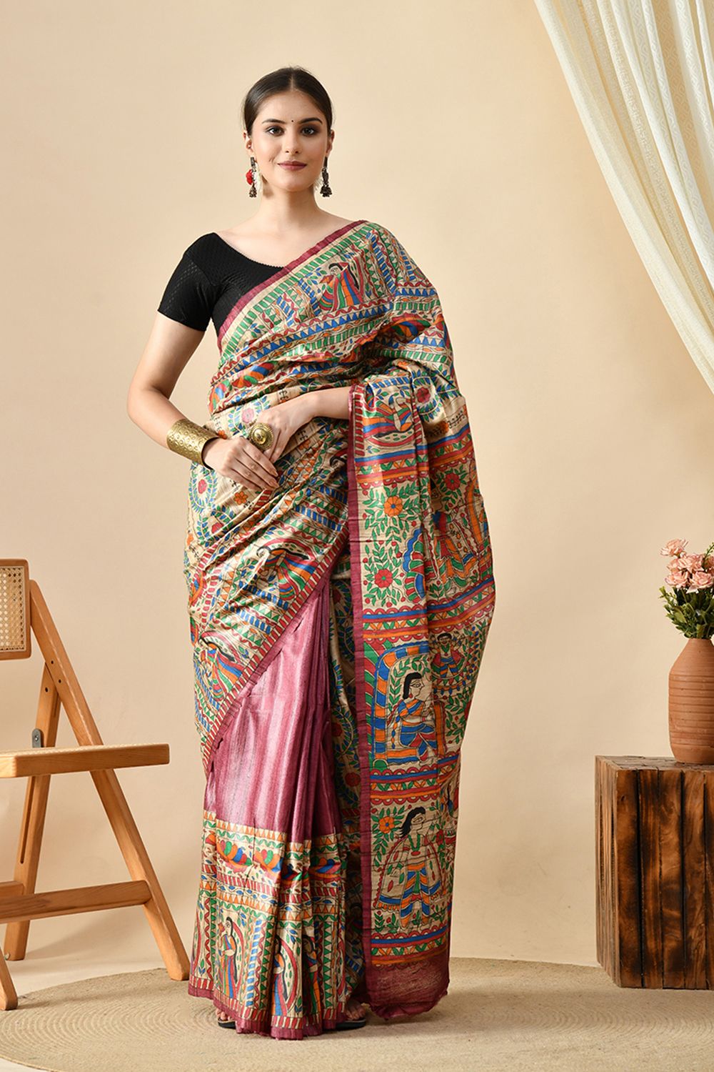 Eco-friendly pure tussar silk saree, handwoven with natural dye, 6.5m length. Purchase online for a luxurious, quality fabric. Dry clean recommended.