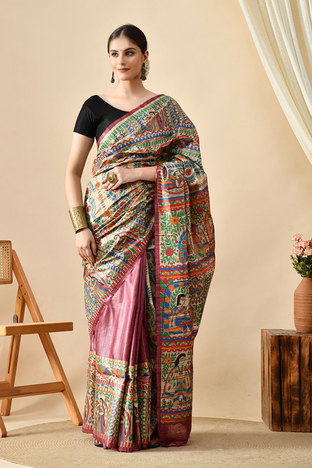 Eco-friendly pure tussar silk saree, handwoven with natural dye, 6.5m length. Purchase online for a luxurious, quality fabric. Dry clean recommended.