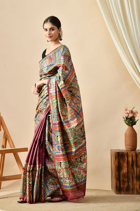Eco-friendly pure tussar silk saree, handwoven with natural dye, 6.5m length. Purchase online for a luxurious, quality fabric. Dry clean recommended.