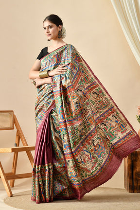 Eco-friendly pure tussar silk saree, handwoven with natural dye, 6.5m length. Purchase online for a luxurious, quality fabric. Dry clean recommended.