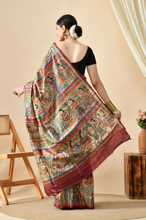Eco-friendly pure tussar silk saree, handwoven with natural dye, 6.5m length. Purchase online for a luxurious, quality fabric. Dry clean recommended.