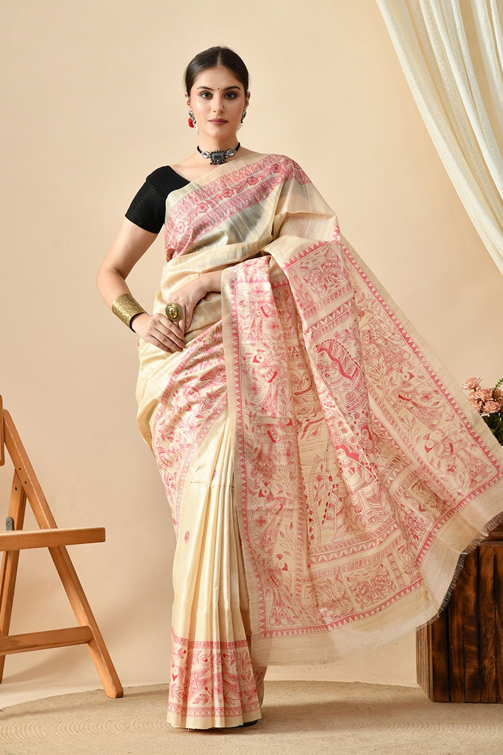 Handwoven eco-friendly pure tussar silk saree in natural dye, 6.5 mtrs long, dry clean recommended