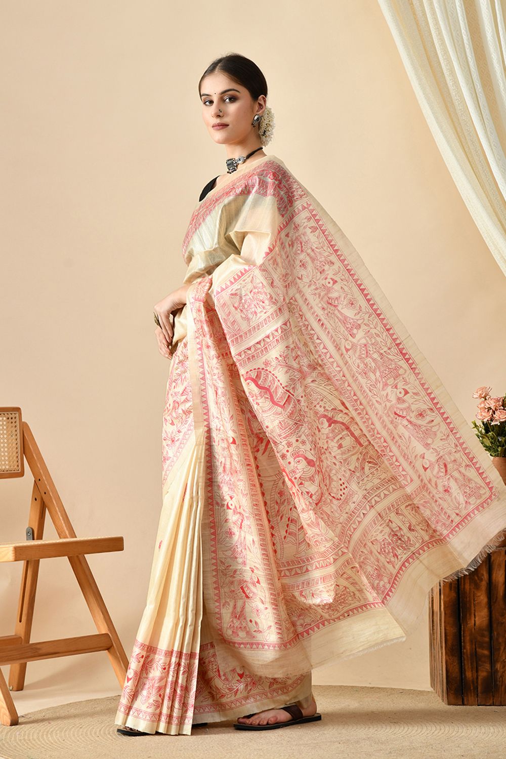Handwoven eco-friendly pure tussar silk saree in natural dye, 6.5 mtrs long, dry clean recommended