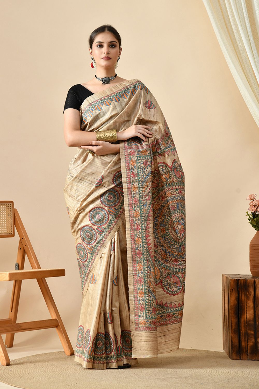 Handwoven pure tussar silk saree in natural dye, 6.5 meters long, perfect for dry clean care