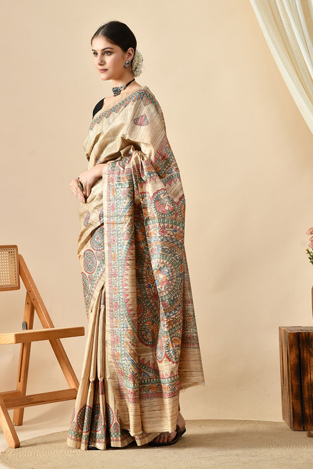 Handwoven pure tussar silk saree in natural dye, 6.5 meters long, perfect for dry clean care
