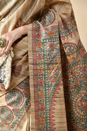 Handwoven pure tussar silk saree in natural dye, 6.5 meters long, perfect for dry clean care