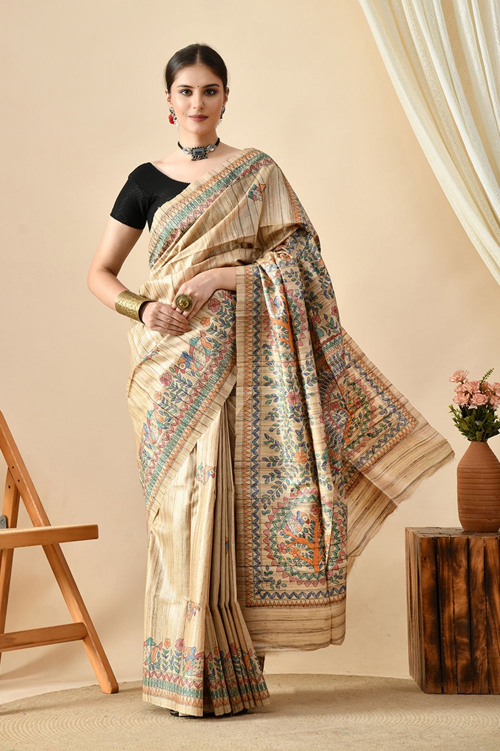 Handwoven eco-friendly pure tussar silk saree, ideal for dry clean, available for online shopping