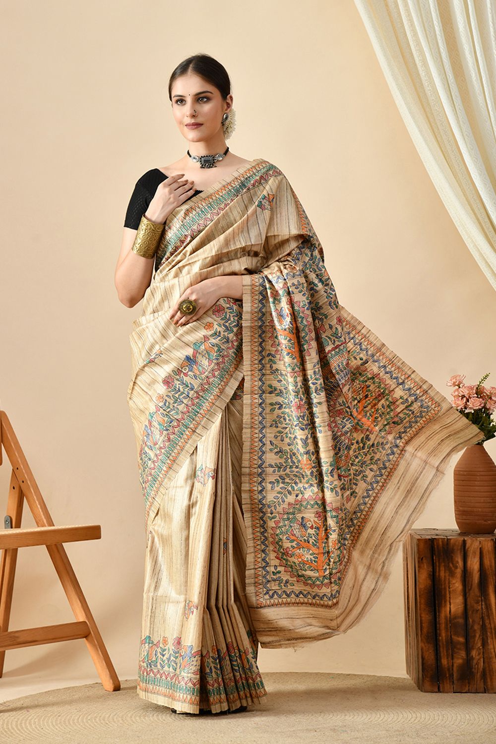 Handwoven eco-friendly pure tussar silk saree, ideal for dry clean, available for online shopping