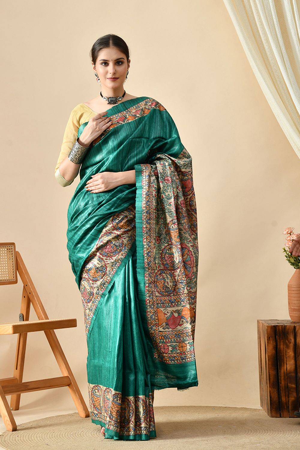 Elegant eco-friendly handwoven tussar silk saree in natural dye, 6.5 mtr length. Shop online, dry clean recommended for care.