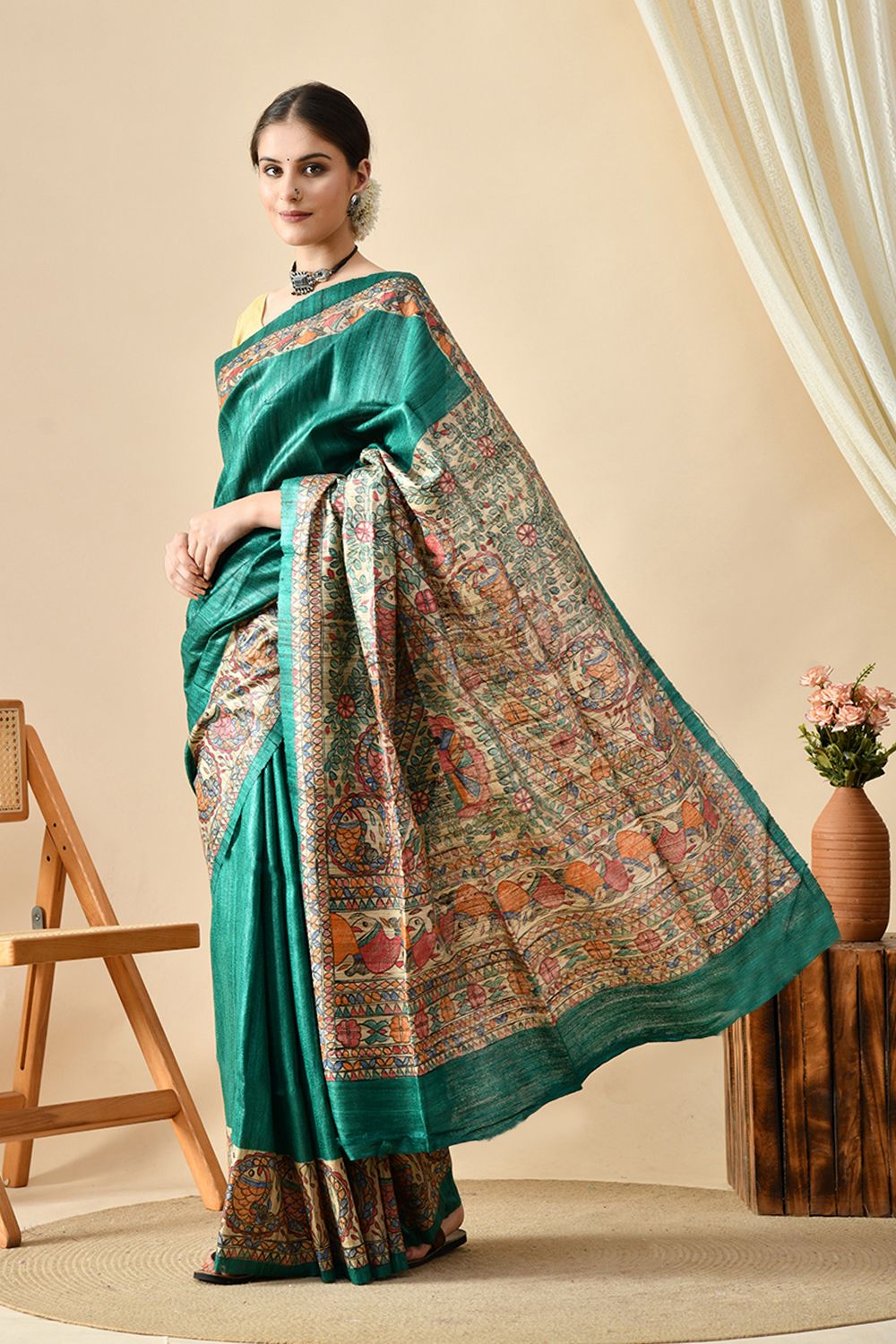 Elegant eco-friendly handwoven tussar silk saree in natural dye, 6.5 mtr length. Shop online, dry clean recommended for care.