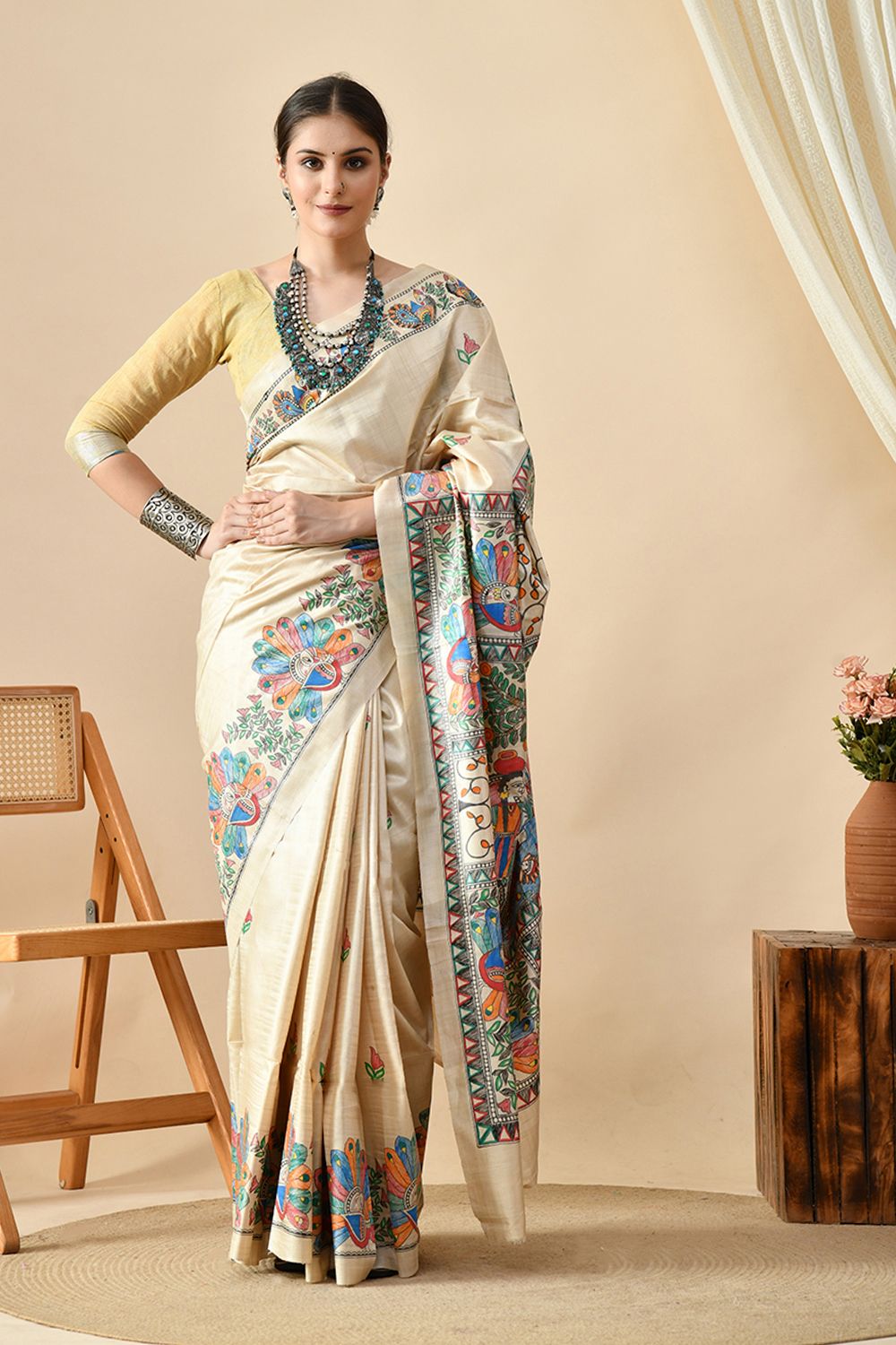 Handwoven pure tussar silk saree, eco-friendly, dry clean recommended, 6.5 meters long, available for online purchase
