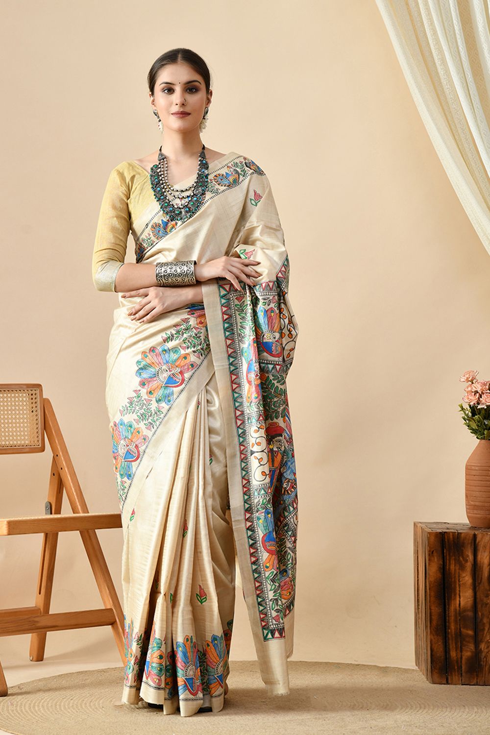 Handwoven pure tussar silk saree, eco-friendly, dry clean recommended, 6.5 meters long, available for online purchase