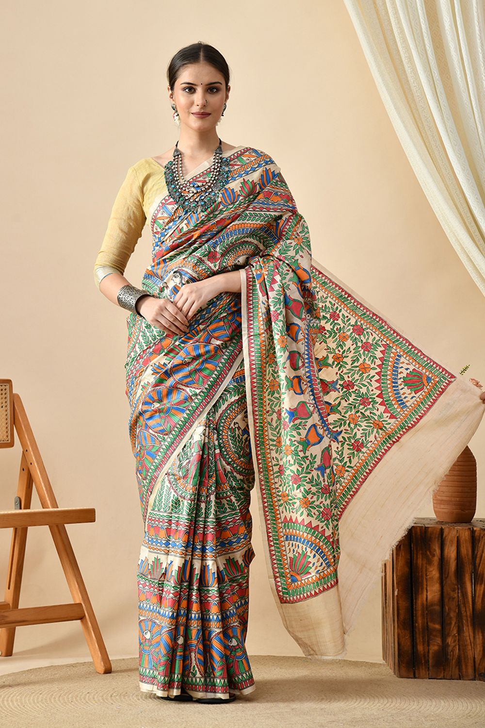 Eco-friendly handwoven pure tussar silk saree with natural dye, 6.5 mtr length, recommended dry clean to maintain quality.