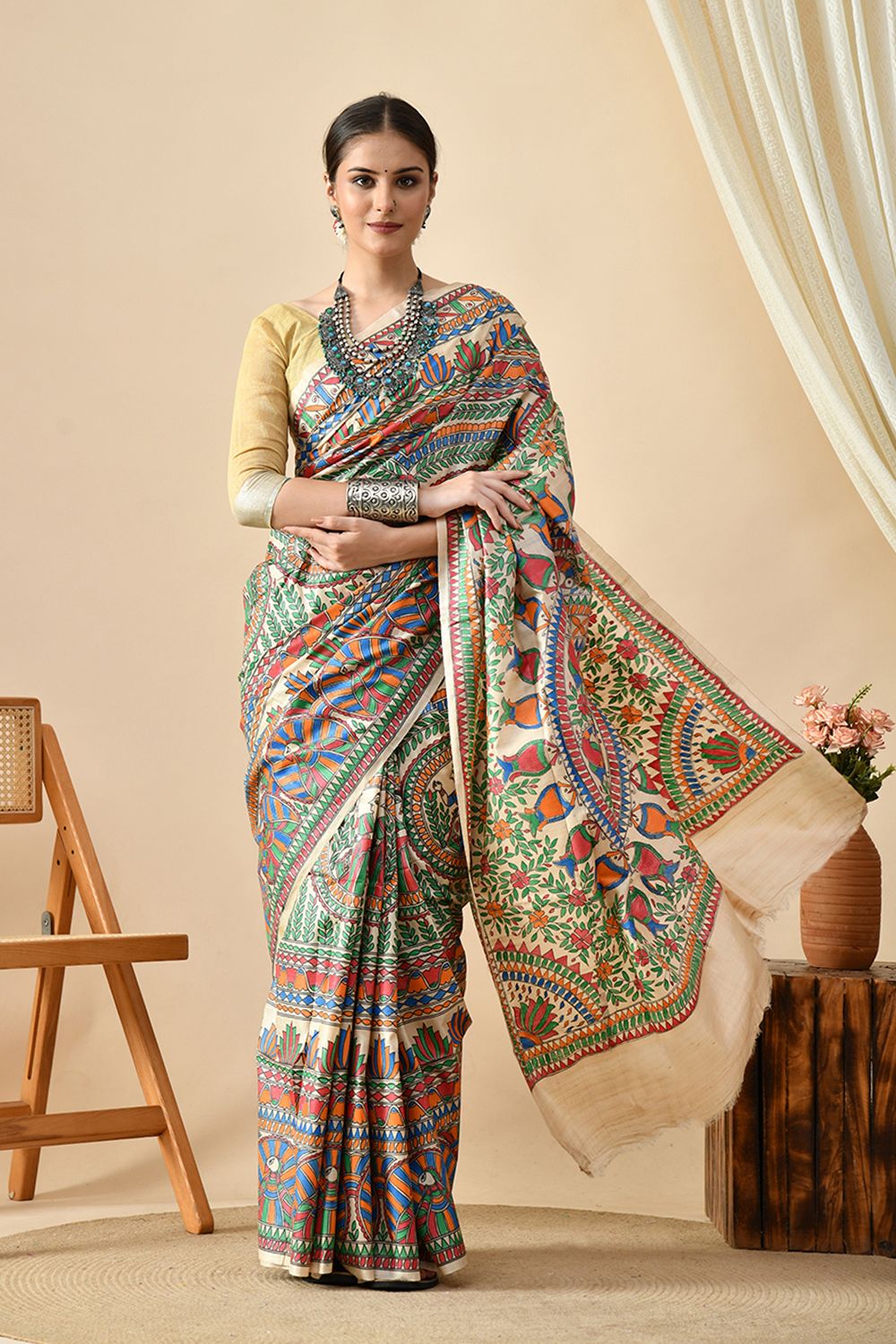 Eco-friendly handwoven pure tussar silk saree with natural dye, 6.5 mtr length, recommended dry clean to maintain quality.