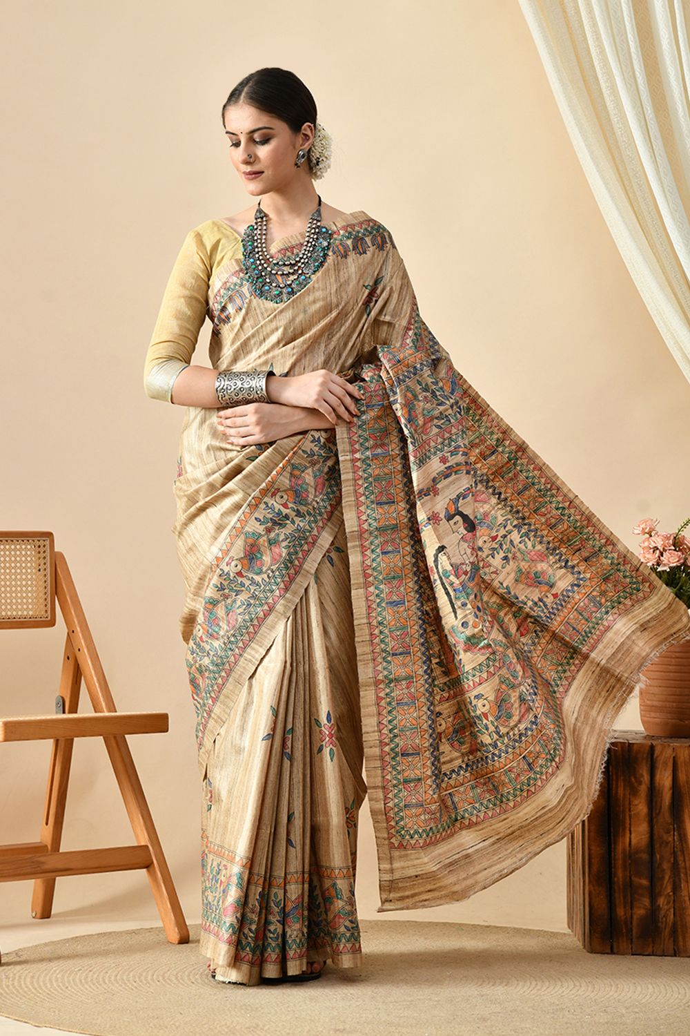 Image of a 6.5 mtr long handwoven pure tussar silk saree - eco-friendly and ideal for dry clean. Buy and shop eco tussar saree online.