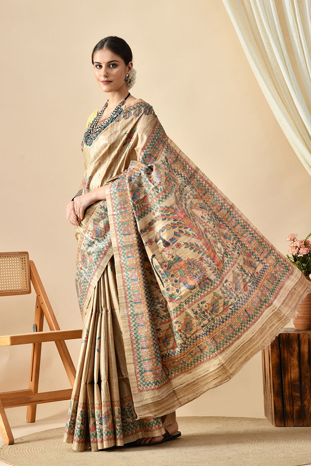 Image of a 6.5 mtr long handwoven pure tussar silk saree - eco-friendly and ideal for dry clean. Buy and shop eco tussar saree online.