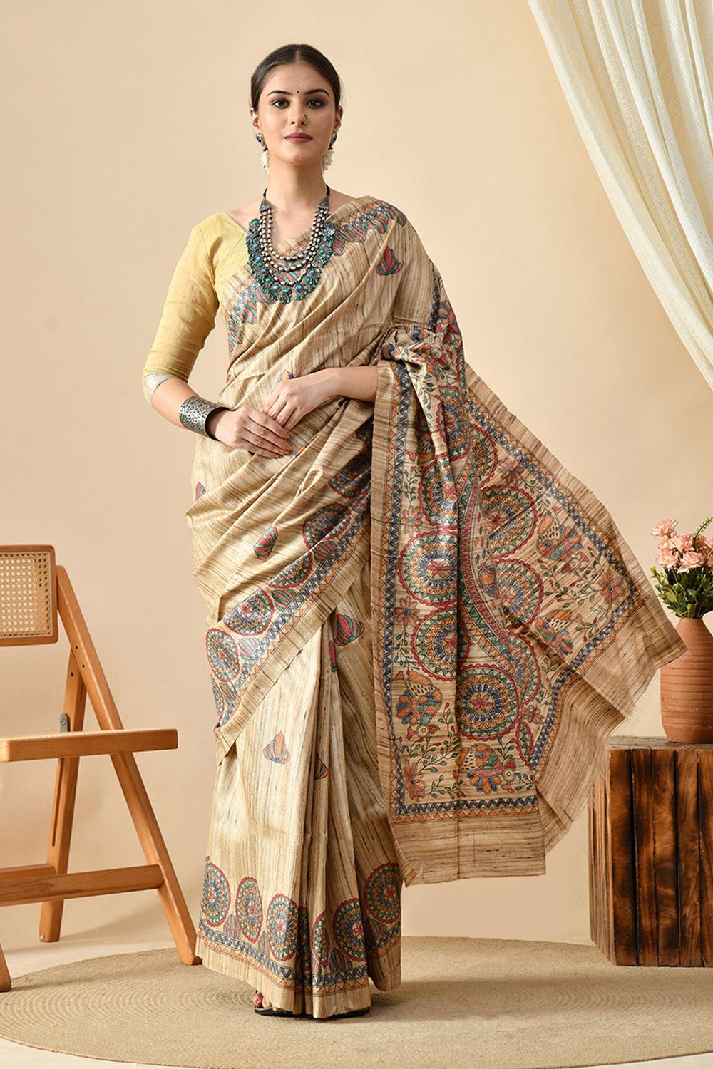 Elegant handwoven eco-friendly tussar silk saree of length 6.5 meters. Easy maintenance with dry clean suggested.