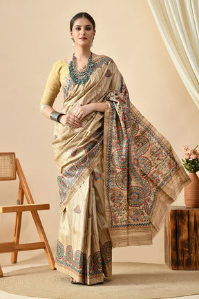 Elegant handwoven eco-friendly tussar silk saree of length 6.5 meters. Easy maintenance with dry clean suggested.