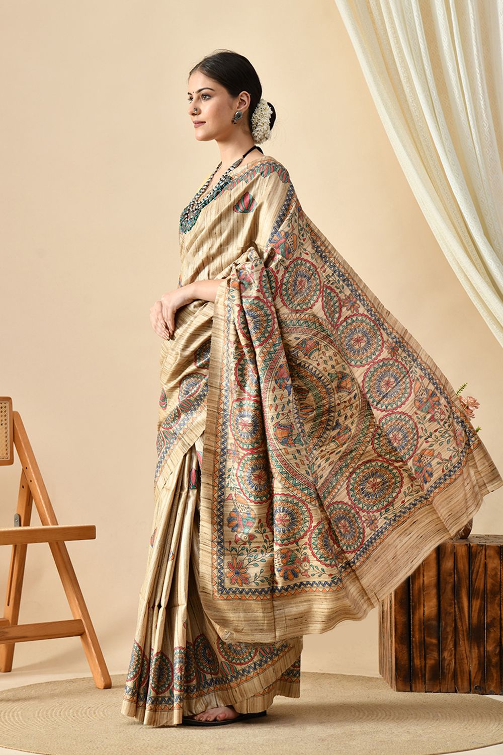 Elegant handwoven eco-friendly tussar silk saree of length 6.5 meters. Easy maintenance with dry clean suggested.