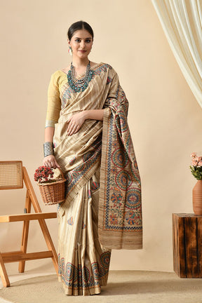Elegant handwoven eco-friendly tussar silk saree of length 6.5 meters. Easy maintenance with dry clean suggested.