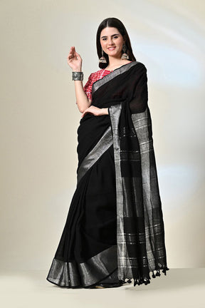 Black pure linen saree of 6.5 mtr length, dyed naturally with Myrobalan and fermented iron water, suitable for dry cleaning