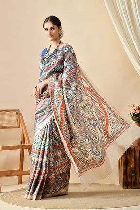 An elegant eco-friendly handwoven tussar silk saree in natural dye, 6.5 mtr. in length. Best maintained with dry cleaning.