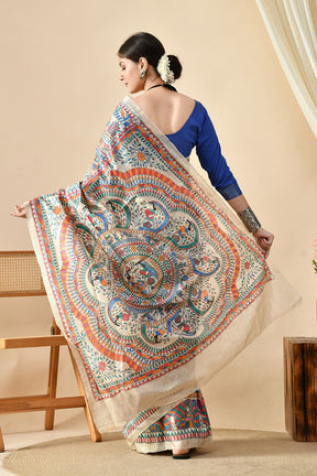 An elegant eco-friendly handwoven tussar silk saree in natural dye, 6.5 mtr. in length. Best maintained with dry cleaning.