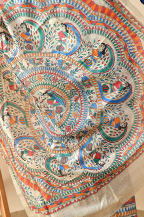 An elegant eco-friendly handwoven tussar silk saree in natural dye, 6.5 mtr. in length. Best maintained with dry cleaning.