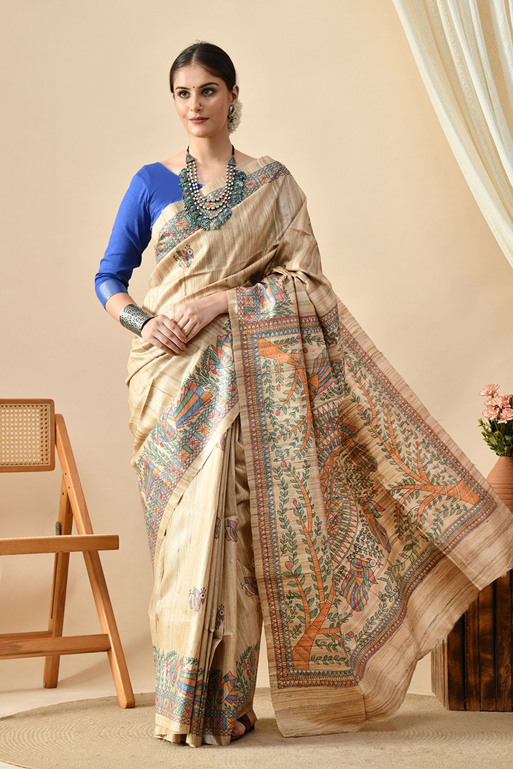 Elegant handwoven Tussar silk saree, eco-friendly, 6.5 meters long, suitable for dry cleaning. Shop this pure Tussar saree online.
