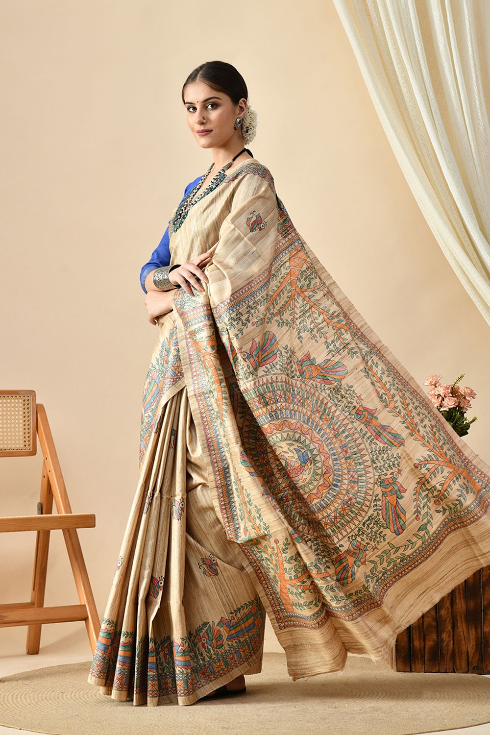Elegant handwoven Tussar silk saree, eco-friendly, 6.5 meters long, suitable for dry cleaning. Shop this pure Tussar saree online.
