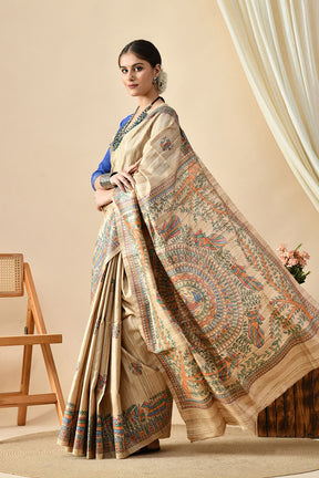 Elegant handwoven Tussar silk saree, eco-friendly, 6.5 meters long, suitable for dry cleaning. Shop this pure Tussar saree online.