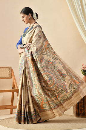 Elegant handwoven Tussar silk saree, eco-friendly, 6.5 meters long, suitable for dry cleaning. Shop this pure Tussar saree online.