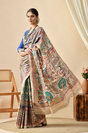 Exquisite Harmony: Eco-Friendly, Handwoven Madhubani Tussar Silk Saree
