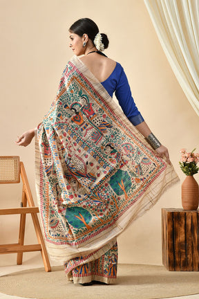 Exquisite Harmony: Eco-Friendly, Handwoven Madhubani Tussar Silk Saree