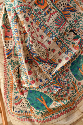 Exquisite Harmony: Eco-Friendly, Handwoven Madhubani Tussar Silk Saree
