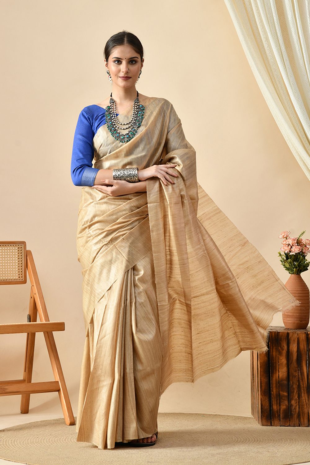 Eco-Luxury Style Statement: Handwoven Desi Tussar Silk Saree