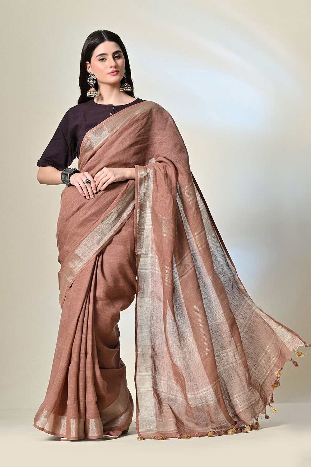 Eco-friendly 6.5 mtr brown linen saree dyed with natural Catechu, perfect for vegan and eco-conscious fashion, dry clean recommended.