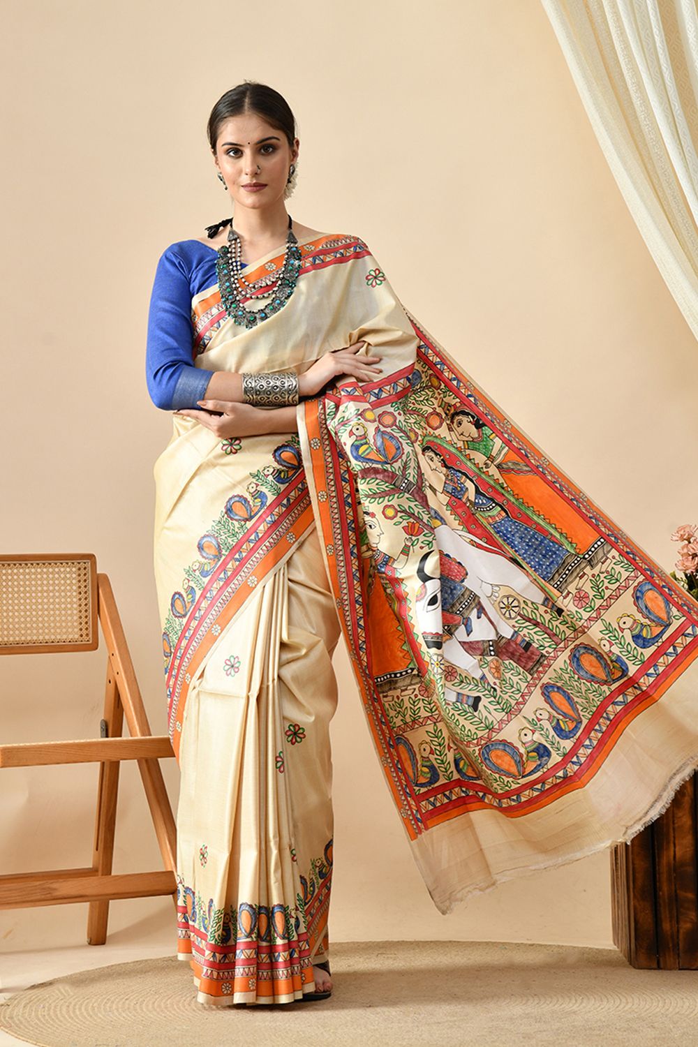 Image of a eco-friendly, handwoven pure tussar silk saree of length 6.5 mtr. Dry clean recommended for maintenance.
