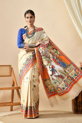 Image of a eco-friendly, handwoven pure tussar silk saree of length 6.5 mtr. Dry clean recommended for maintenance.