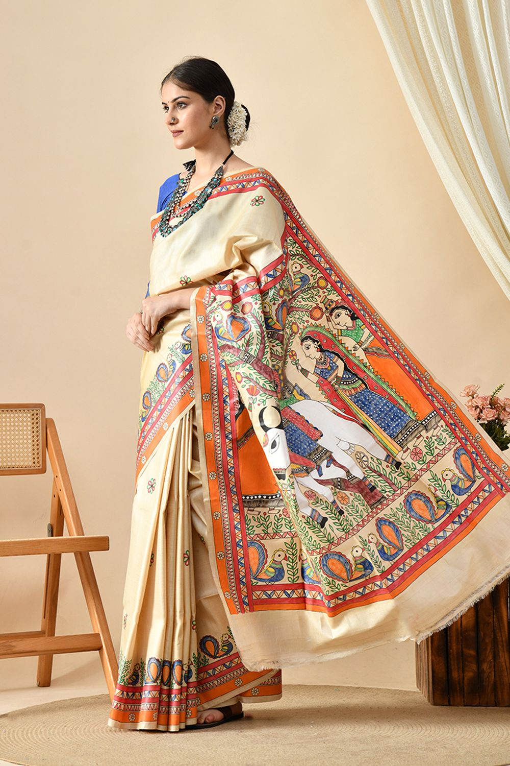 Image of a eco-friendly, handwoven pure tussar silk saree of length 6.5 mtr. Dry clean recommended for maintenance.