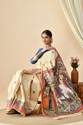 Image of a eco-friendly, handwoven pure tussar silk saree of length 6.5 mtr. Dry clean recommended for maintenance.