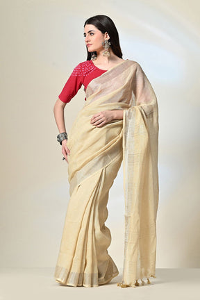 Eco-conscious light yellow linen saree with natural pomegranate dye, part of biodegradable fashion range, dry clean to maintain quality