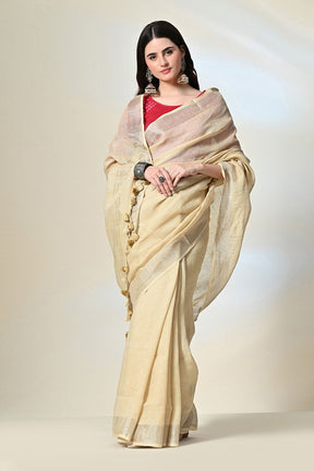 Eco-conscious light yellow linen saree with natural pomegranate dye, part of biodegradable fashion range, dry clean to maintain quality