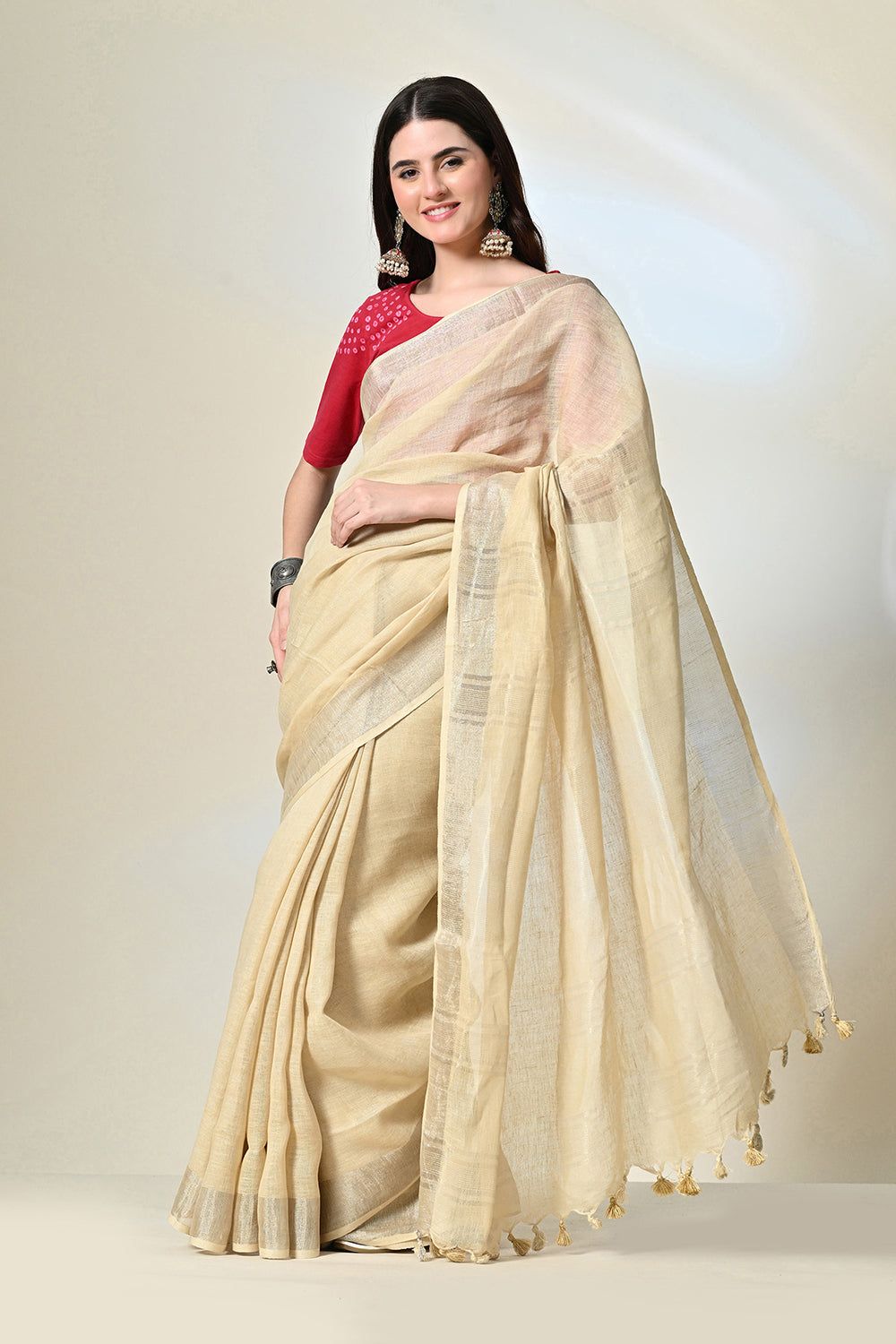 Eco-conscious light yellow linen saree with natural pomegranate dye, part of biodegradable fashion range, dry clean to maintain quality